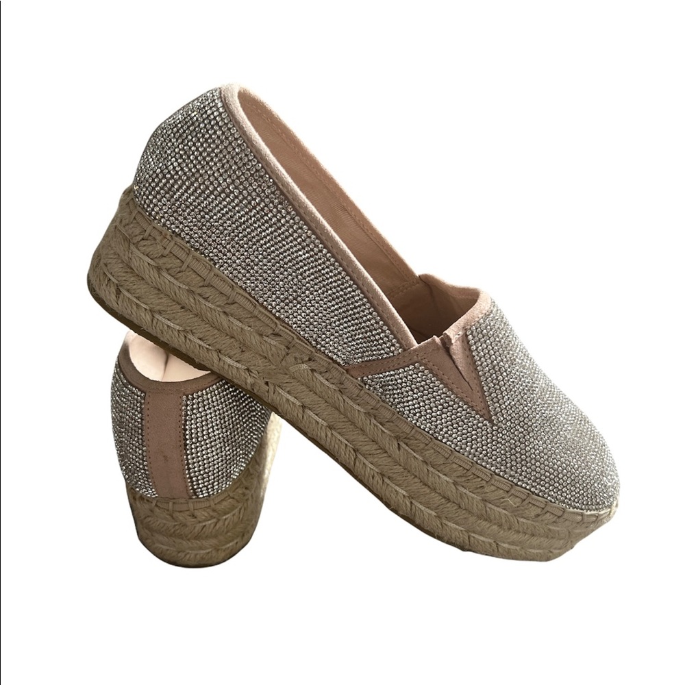 Steve Madden Crystal-Embellished Nude Espadrille Platform Slip-Ons